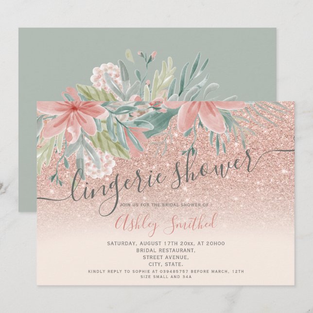 Floral watercolor lingerie glitter bridal shower invitation (Front/Back)