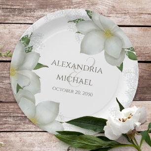 Floral Watercolor Magnolia Elegant Flower Blooms Paper Plate