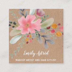 Floral watercolor makeup hair script kraft square business card
