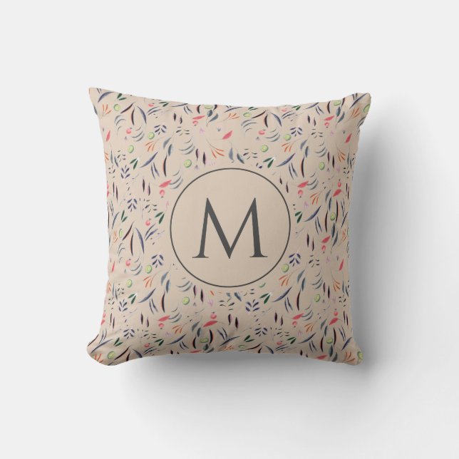 Floral Watercolor MONOGRAM Beige Cushion (Front)