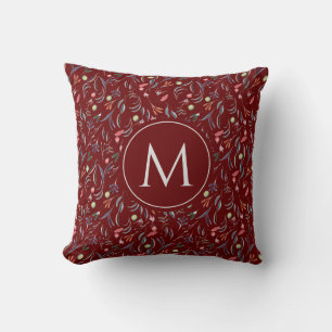 Floral Watercolor MONOGRAM Burgundy Cushion
