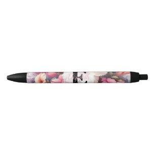 Floral watercolor monogram pink blue azaleas black ink pen