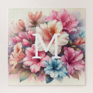 Floral watercolor monogram pink blue azaleas jigsaw puzzle