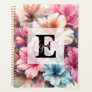 Floral watercolor monogram pink blue azaleas planner