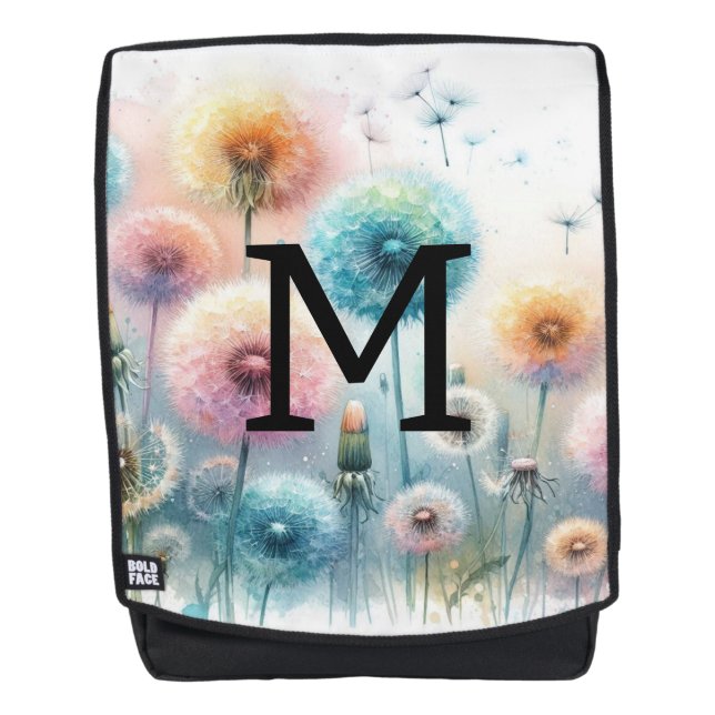 Floral watercolor monogram pink blue dandelions  backpack (Front)