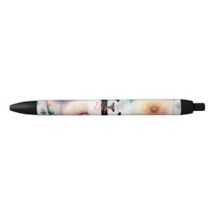 Floral watercolor monogram pink blue dandelions  black ink pen