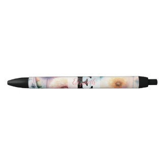 Floral watercolor monogram pink blue dandelions black ink pen