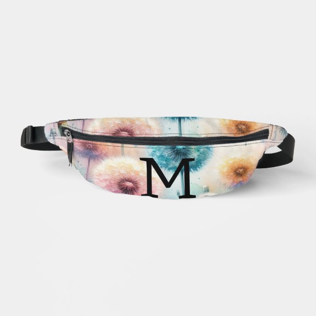 Floral watercolor monogram pink blue dandelions  bum bags (Front)