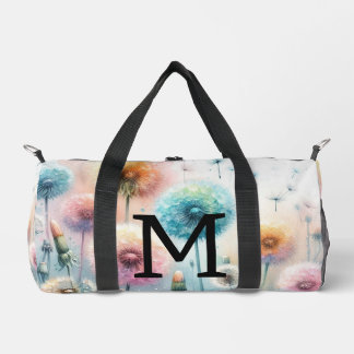 Floral watercolor monogram pink blue dandelions  duffle bag