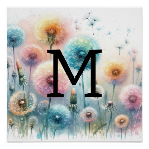 Floral watercolor monogram pink blue dandelions poster