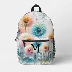 Floral watercolor monogram pink blue dandelions printed backpack