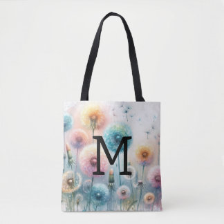 Floral watercolor monogram pink blue dandelions  tote bag