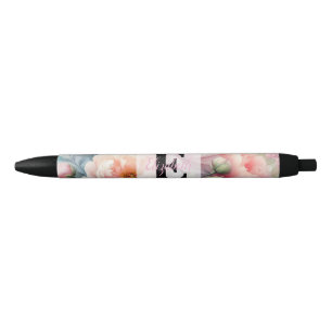 Floral watercolor monogram pink blue peonies black ink pen