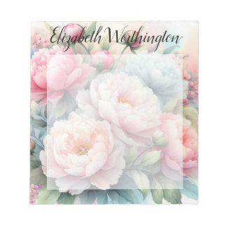 Floral watercolor monogram pink blue peonies  notepad