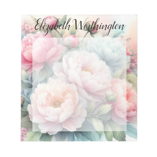 Floral watercolor monogram pink blue peonies  notepad (Front)