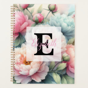 Floral watercolor monogram pink blue peonies planner