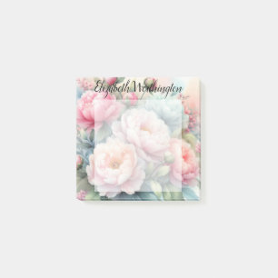 Floral watercolor monogram pink blue peonies post-it notes