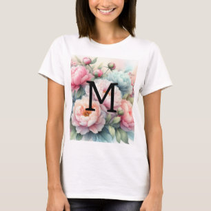 Floral watercolor monogram pink blue peonies T-Shirt