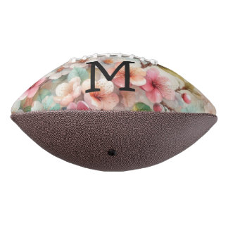 Floral watercolor monogram pink cherry blossoms  american football