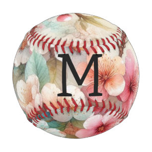 Floral watercolor monogram pink cherry blossoms baseball