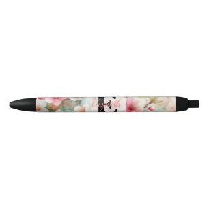 Floral watercolor monogram pink cherry blossoms black ink pen