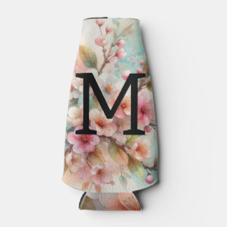 Floral watercolor monogram pink cherry blossoms  bottle cooler