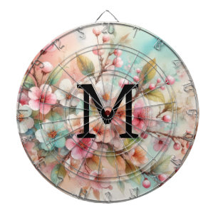Floral watercolor monogram pink cherry blossoms dartboard