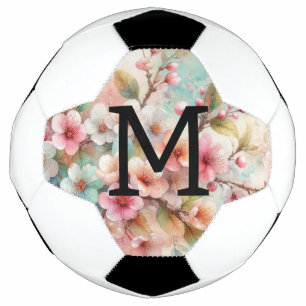 Floral watercolor monogram pink cherry blossoms football