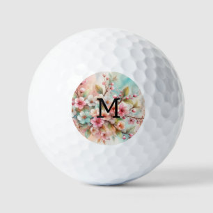 Floral watercolor monogram pink cherry blossoms  golf balls