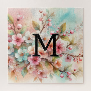 Floral watercolor monogram pink cherry blossoms  jigsaw puzzle