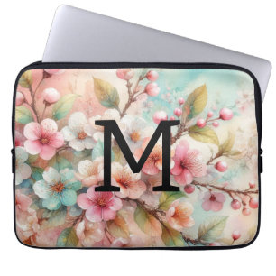 Floral watercolor monogram pink cherry blossoms  laptop sleeve