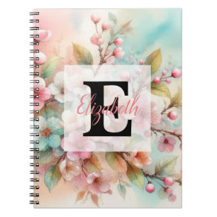 Floral watercolor monogram pink cherry blossoms  notebook