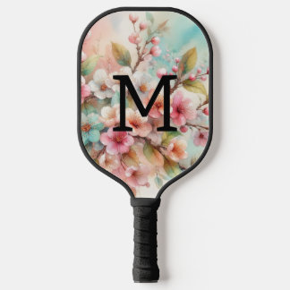Floral watercolor monogram pink cherry blossoms  pickleball paddle