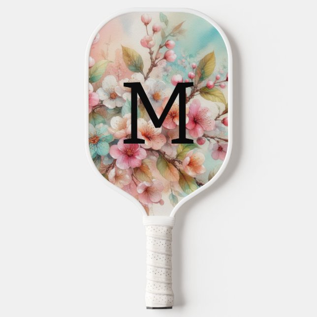 Floral watercolor monogram pink cherry blossoms  pickleball paddle (Front)