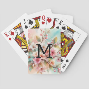 Floral watercolor monogram pink cherry blossoms playing cards