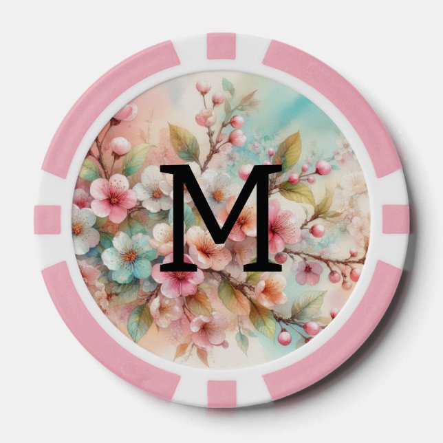 Floral watercolor monogram pink cherry blossoms  poker chips (Front)