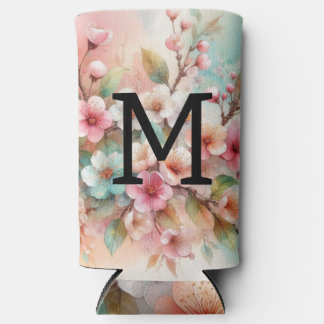 Floral watercolor monogram pink cherry blossoms  seltzer can cooler