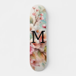 Floral watercolor monogram pink cherry blossoms  skateboard