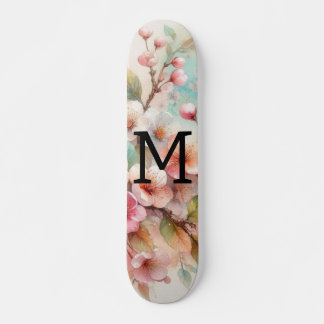 Floral watercolor monogram pink cherry blossoms  skateboard