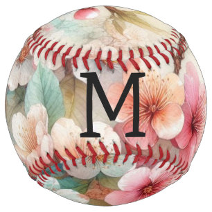 Floral watercolor monogram pink cherry blossoms softball