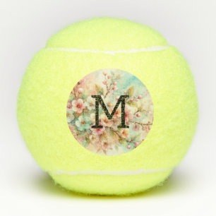 Floral watercolor monogram pink cherry blossoms tennis balls