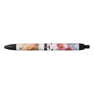 Floral watercolor monogram pink daisies flowers black ink pen