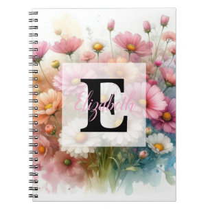 Floral watercolor monogram pink daisies flowers notebook