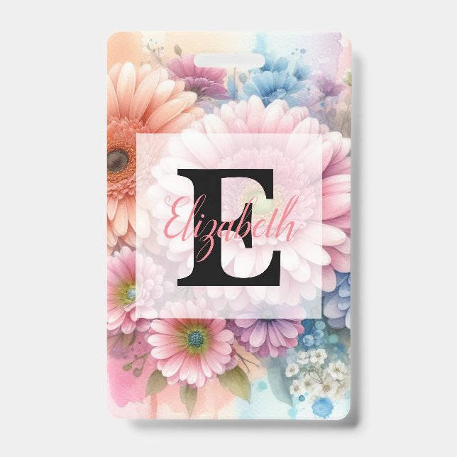 Floral watercolor monogram pink gerbera daisies  ID badge (Front)