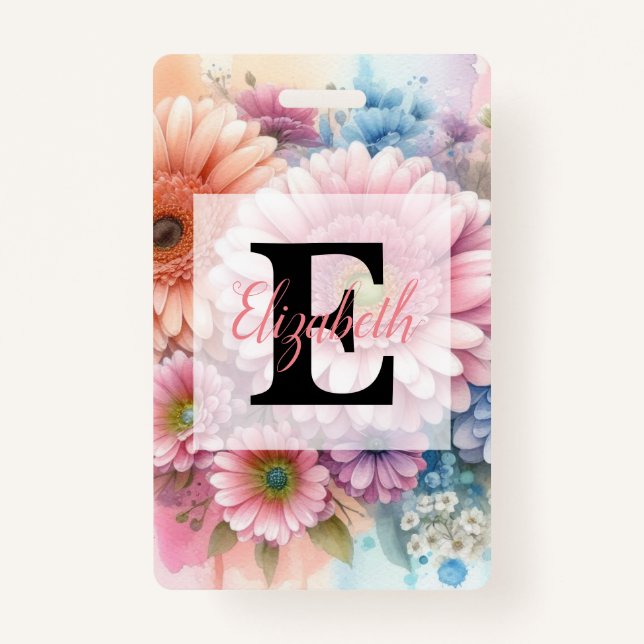 Floral watercolor monogram pink gerbera daisies  ID badge (Front)