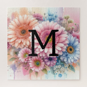 Floral watercolor monogram pink gerbera daisies jigsaw puzzle