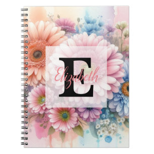 Floral watercolor monogram pink gerbera daisies notebook
