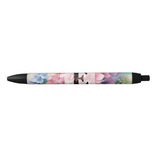 Floral watercolor monogram pink hydrangea black ink pen