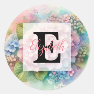 Floral watercolor monogram pink hydrangea classic round sticker