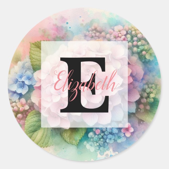 Floral watercolor monogram pink hydrangea  classic round sticker (Front)